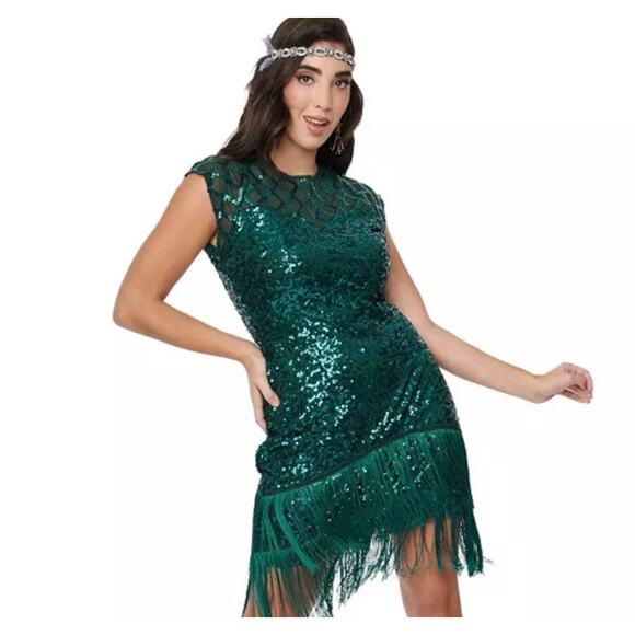 Unique Vintage Flapper Dress Green Sequins and Fringe Sz 1X #18 - Picture 2 of 8